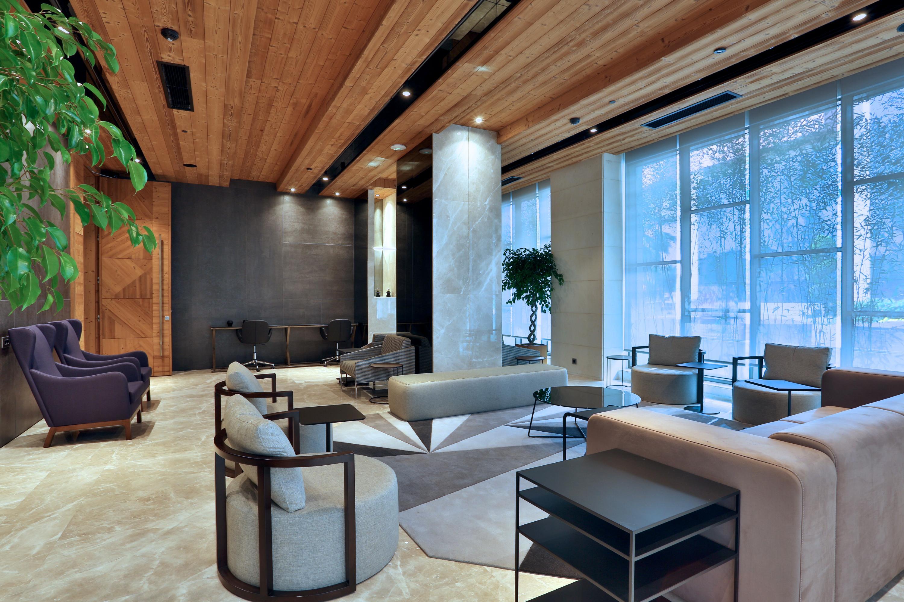 Dosso Dossi Hotels & Spa Downtown Istanbul Ngoại thất bức ảnh The photo depicts a modern, elegantly designed lounge area. The space features a combination of light hardwood and darker elements on the walls, creating a warm and inviting atmosphere. In the center, there are several seating options, including styl